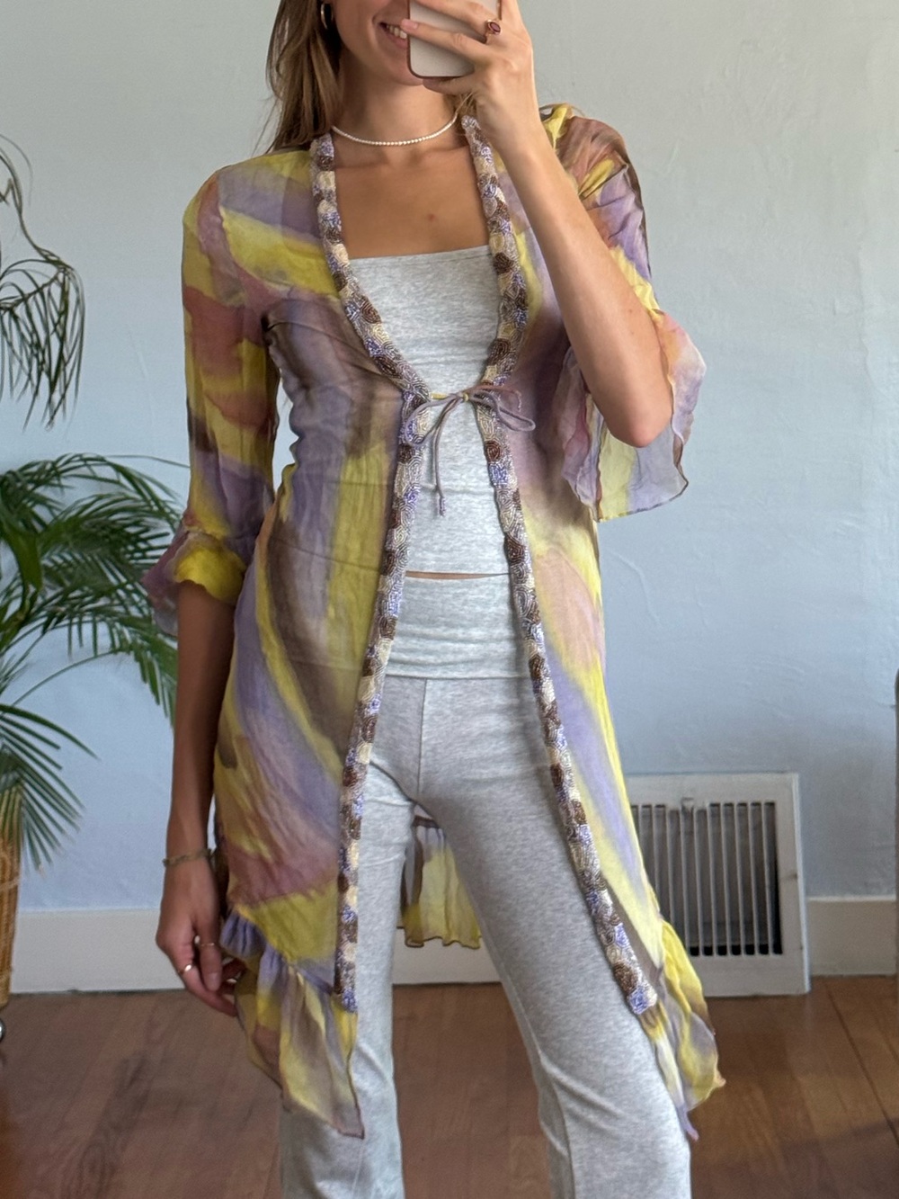 Carolina K Kimono Tie-Dye Sheer Pastel Tie-Front Duster - Yellow & Lavender